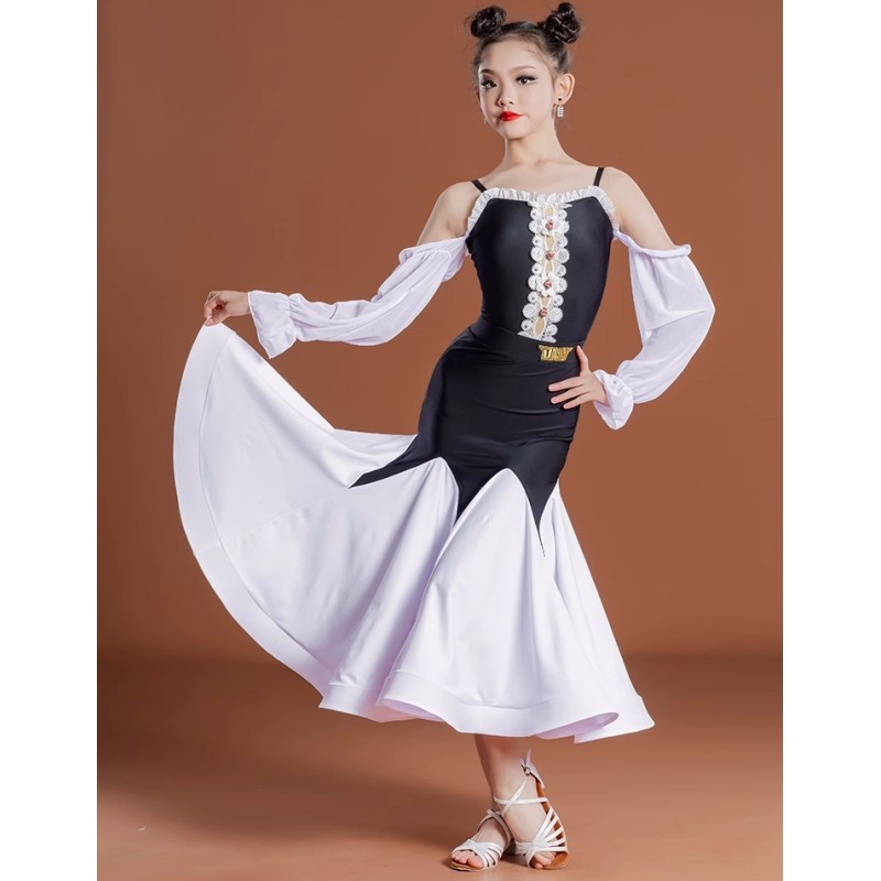 Girls black with white ballroom dance dresses kids waltz tango dew shoulder modern dance long swing skirts for children